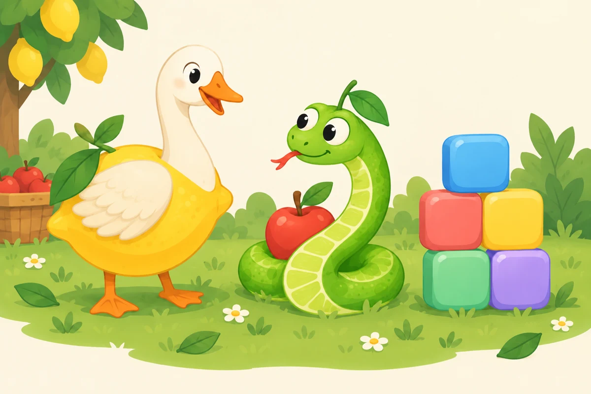 A winged lemon goose and a lime snake beside colourful rounded game blocks in the orchard.