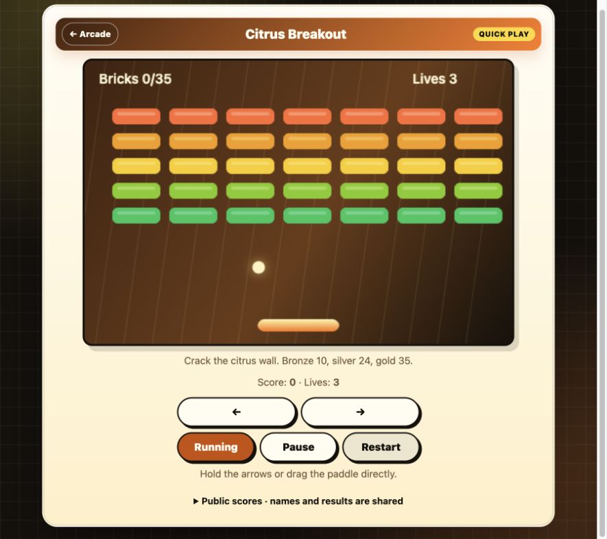 Citrus Breakout browser arcade gameplay